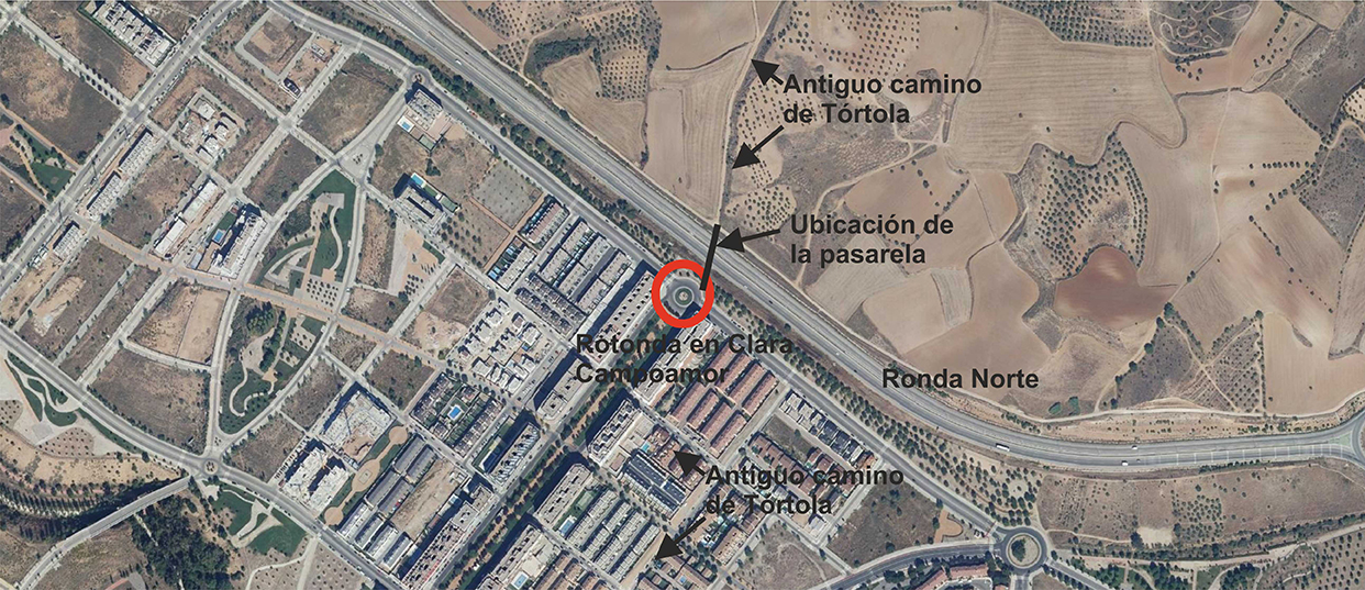 Imagen aérea de la ubicación de Clara Campoamor, la Ronda Norte y el camino de Tórtola. Foto PNOA 2018 IGN. Pincha en la imagen para ampliar